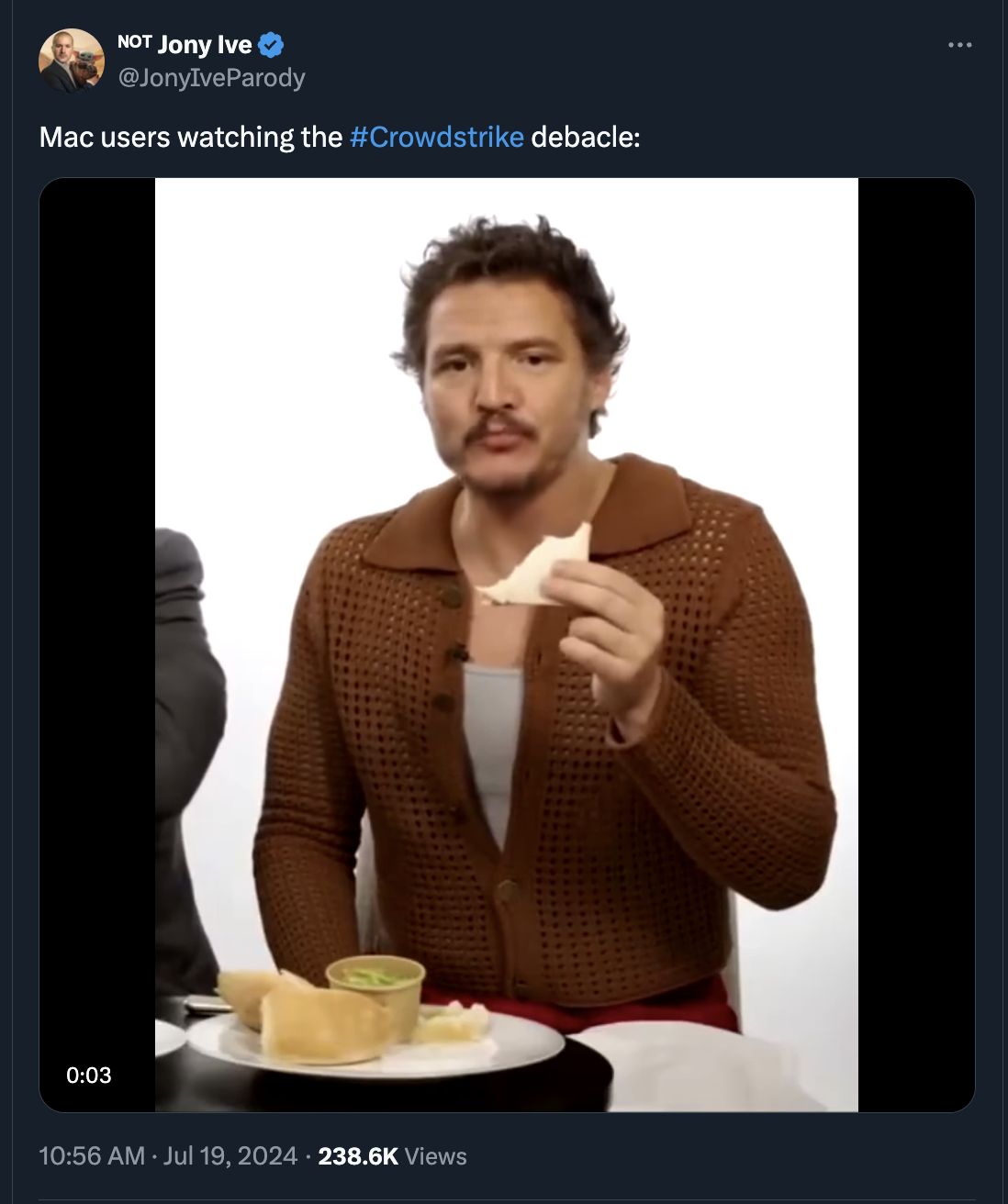 pedro pascal eating toast - Not Jony Ive Mac users watching the debacle Views